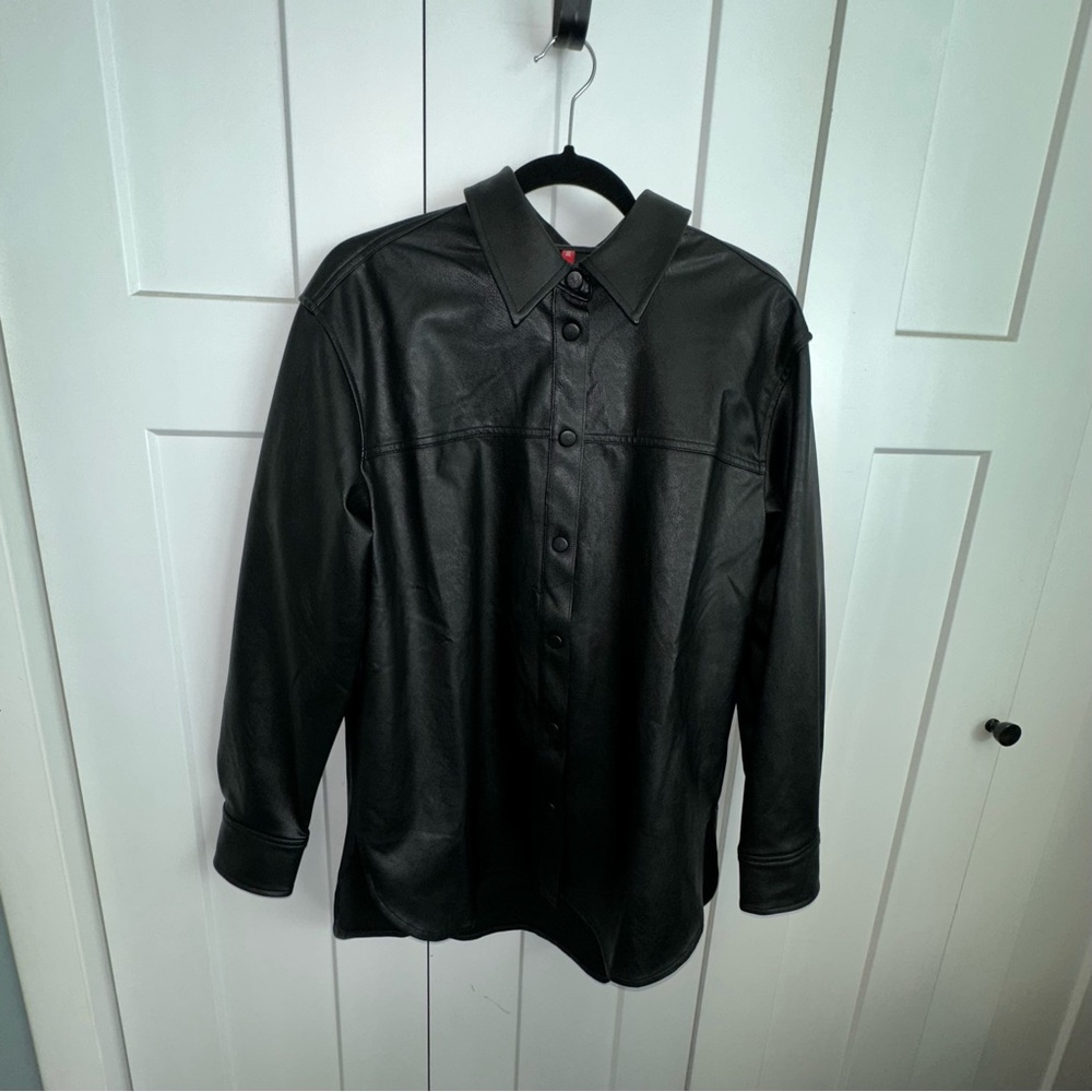SPANX Black Faux Leather Button-Up Shirt